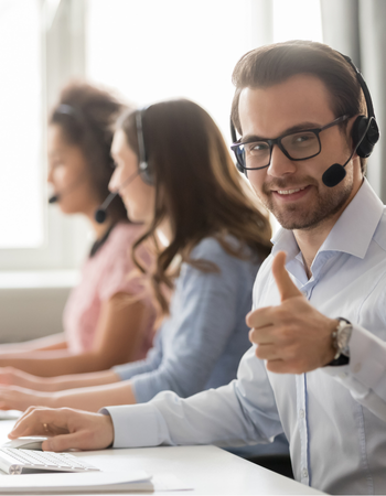 Online course for debt collection showing a phone collections officer with a thumb up