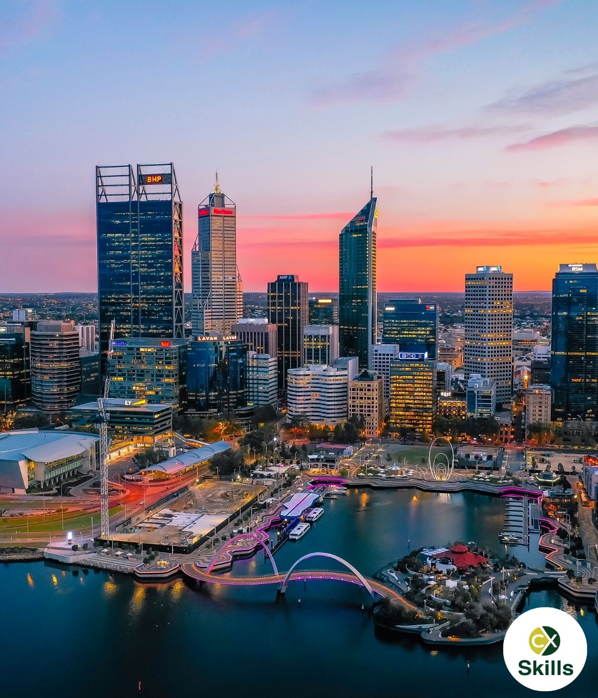 Perth city skyline overlooking the Swan River at sunset