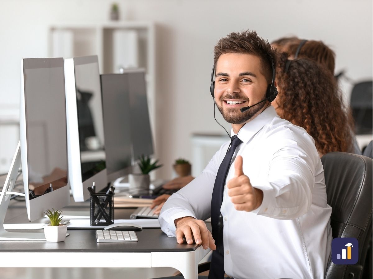 Smiling contact centre agent on a sales call