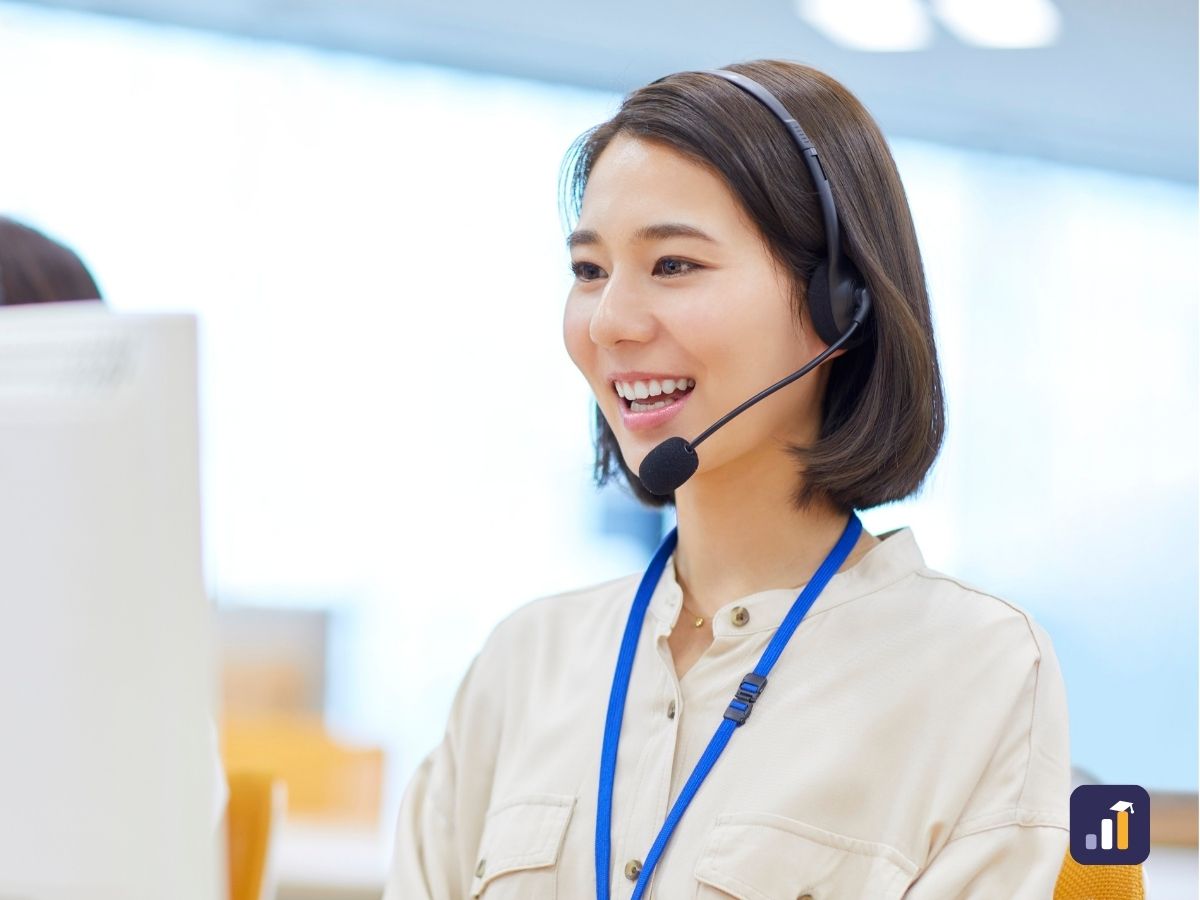 Public sector customer service officer with a headset and lanyard